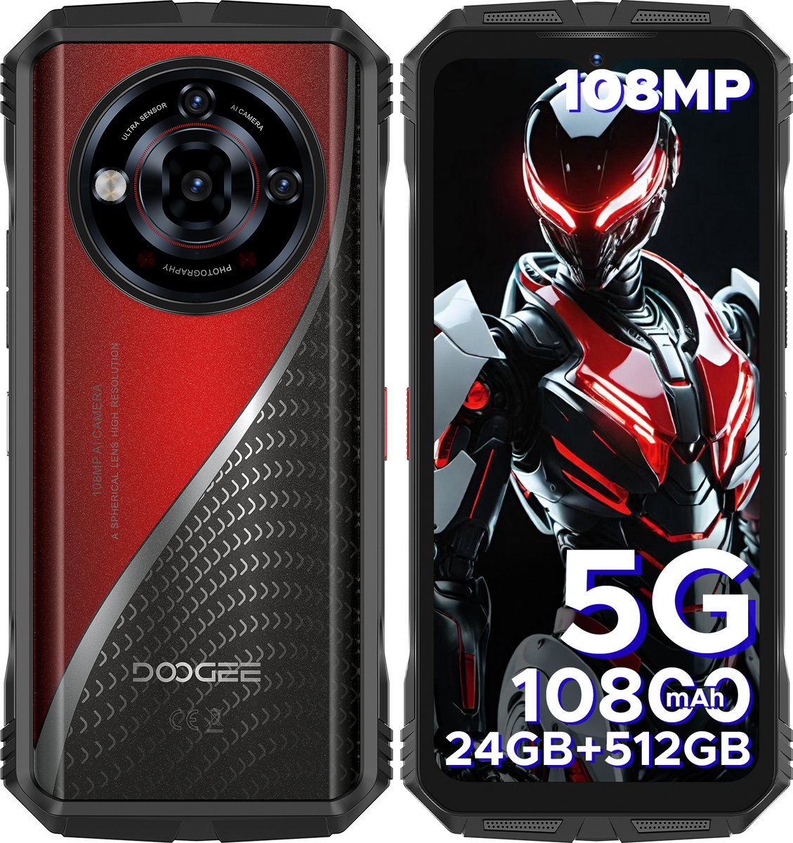 DOOGEE S118 Pro 5G - Robuuste Smartphone - Robuuste Telefoon - 32GB RAM + 512GB ROM (2TB/TF) - 10800 mAh/33W - 6,6 inch 120Hz - 108 MP + 20 MP Nachtzicht - Dual SIM 5G - GPS - NFC - Rood