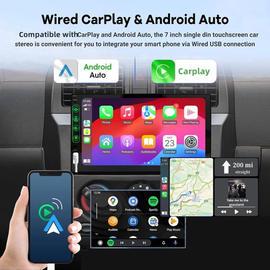 DIN Bluetooth autoradio met CarPlay en Android Auto - 7 inch HD touchscreen autoradio met Mirror Link iOS/Android/FM-radio/USB/EQ - autoradio met achteruitrijcamera