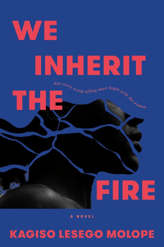 Boekomslag met de titel 'WE INHERIT THE FIRE' in rode letters op een blauwe achtergrond. Een zwarte afbeelding van een hoofd met blauwe scheuren.