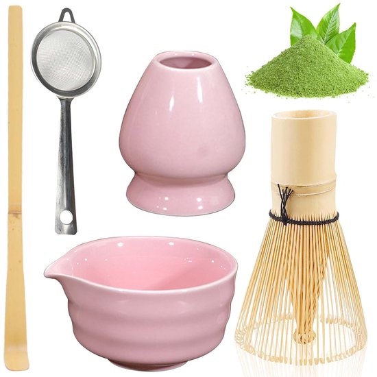 Matcha-set met bezem, schaal met schenktuit, bezemhouder en