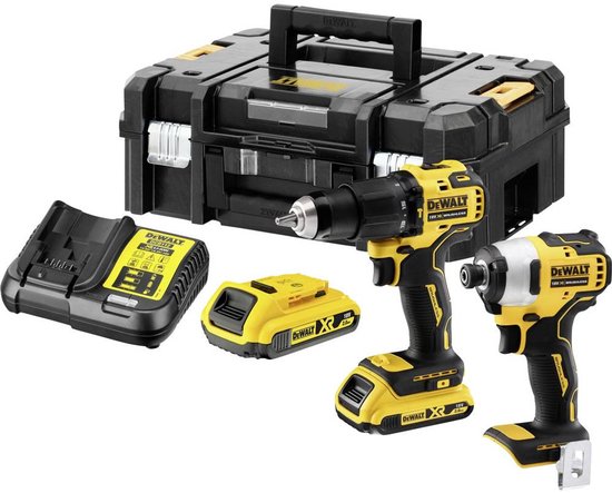18V DeWalt accu klopboormachine en brushless slagschroevendraaier set, 2 versnellingen, LED, 2x 2.0Ah batterij