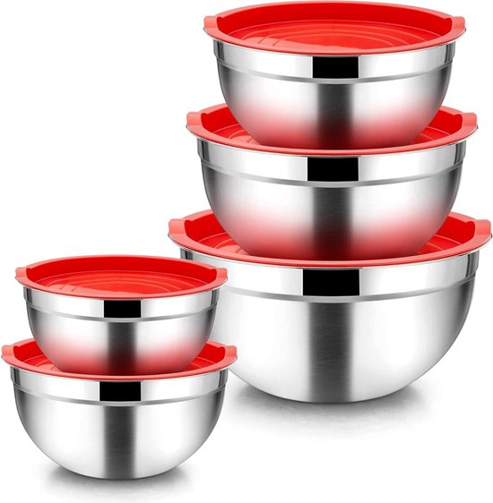 Moritz & Moritz 5er Rührschüssel mit Deckel - 0,6 bis 4,5L - Edelstahl mit BPA-freien Anti-Rutsch-Böden - Stapelbare Salatschüssel mit Deckel und 3 Reibeinsätze - Spülmaschinengeeignet