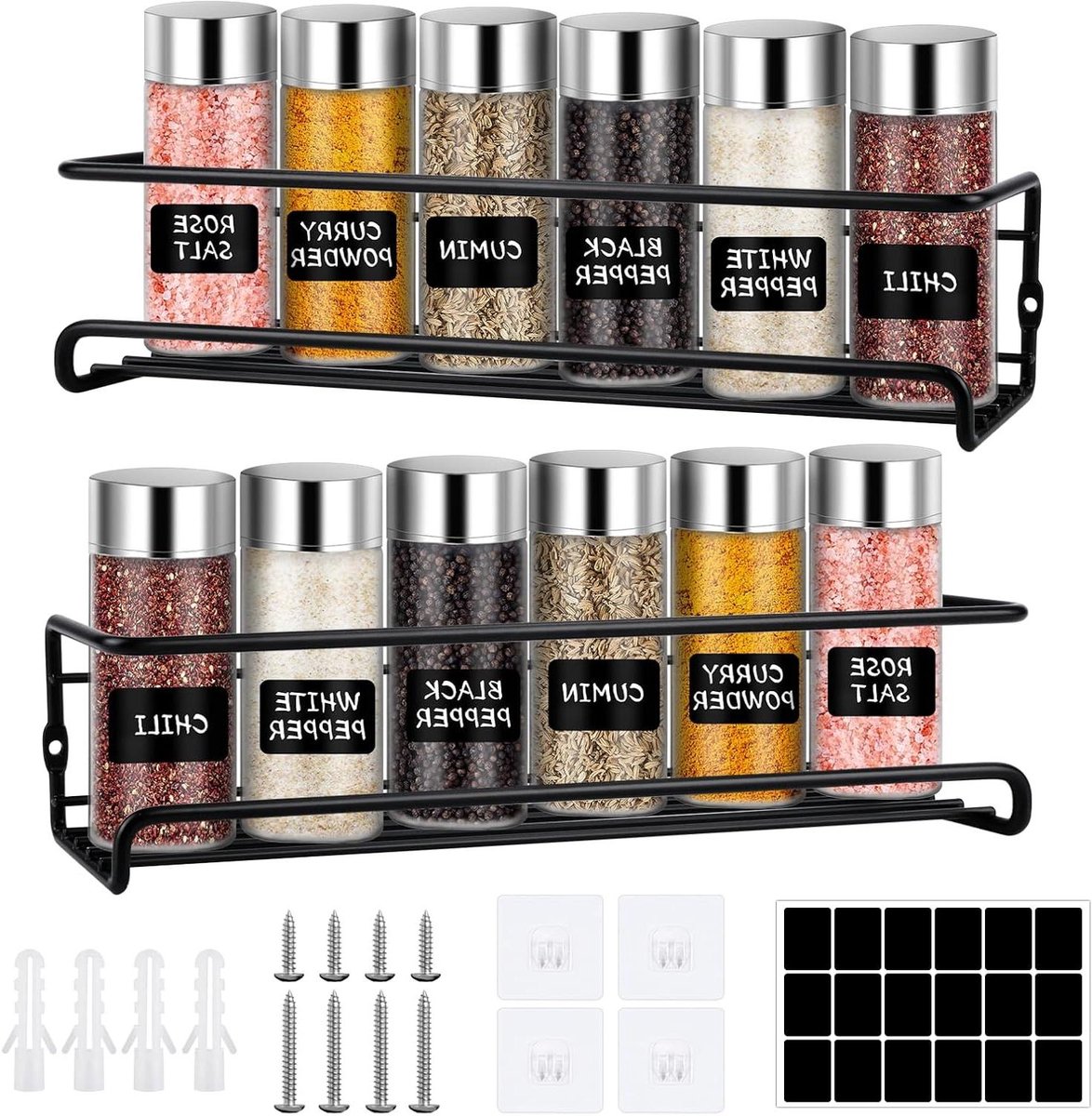 Spice Rack Set - Wall Mounted, No Drilling, Self Adhesive Hooks - Black