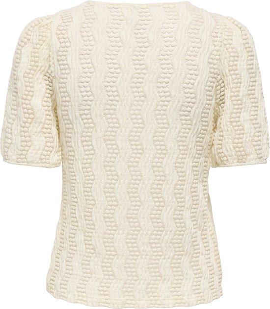 Crème gebreid T-shirt, achterkant, met korte pofmouwen en golvend open patroon.