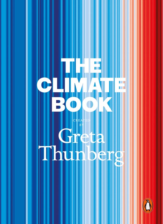 Boekomslag 'The Climate Book' van Greta Thunberg, met verticale strepen in blauw, wit, oranje en rood die toenemende temperatuur weergeven.