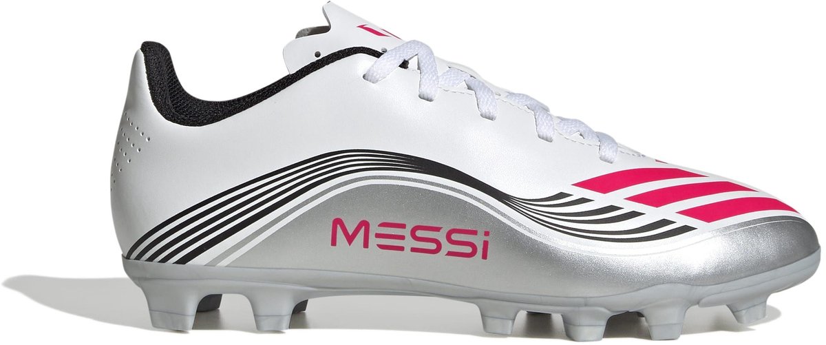 Witte Adidas F50 Messi voetbalschoenen voor kinderen, maat 36, met multiground noppen en smalle pasvorm.