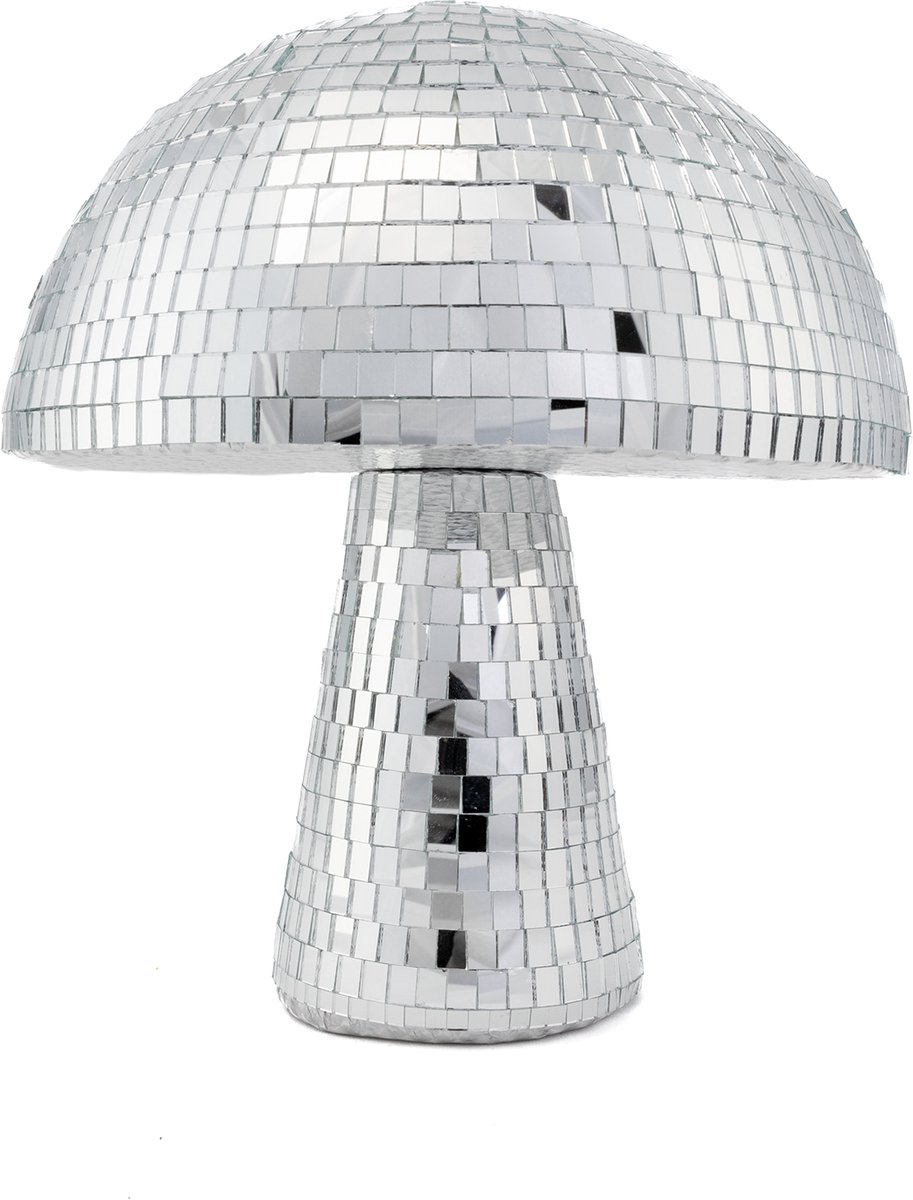 KIMU® Paddenstoel 20 cm Spiegeltjes Zilver - Zwam Discobal Pop Beeld Standbeeld Disco Spiegel - Deco Discobol Spiegelbol Glitter Festival