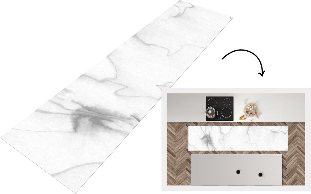 KitchenYeah Keukenloper 200x50 cm - Keukenmat vinyl Marmer - Grijs - Wit - Abstract - Marmerlook - Keukenmatten loper - Keuken vloerkleed tapijt