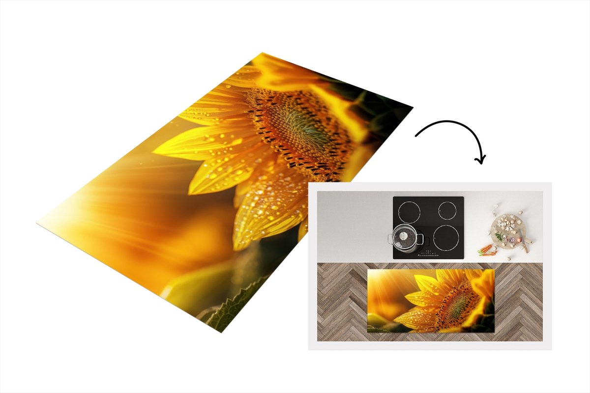 KitchenYeah Keukenloper 120x60 cm - Keukenmat vinyl Zonnebloem - Dauwdruppels - Geel - Zonlicht - Keukenmatten loper - Keuken vloerkleed tapijt