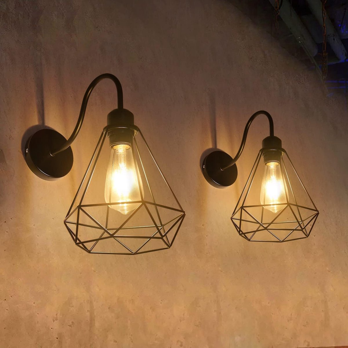 Haobosic - Vintage wandlamp in industriële stijl, zwarte metalen kooiplafondlamp met E27-design, vintage wandlamp voor woonkamer, keuken en slaapkamer (2 stuks)