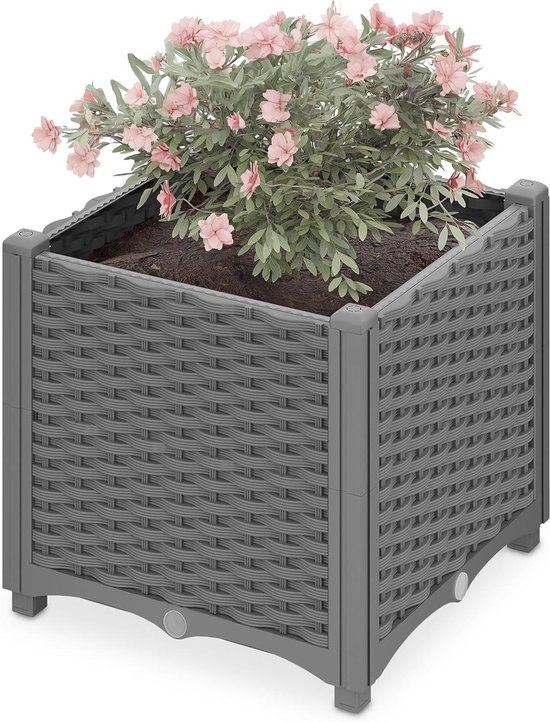 Relaxdays plantenbak, rotanlook, HxBxD: 23 x 40 x 40 cm, tuin, balkon & terras, met waterreservoir, bloembak, bruin
