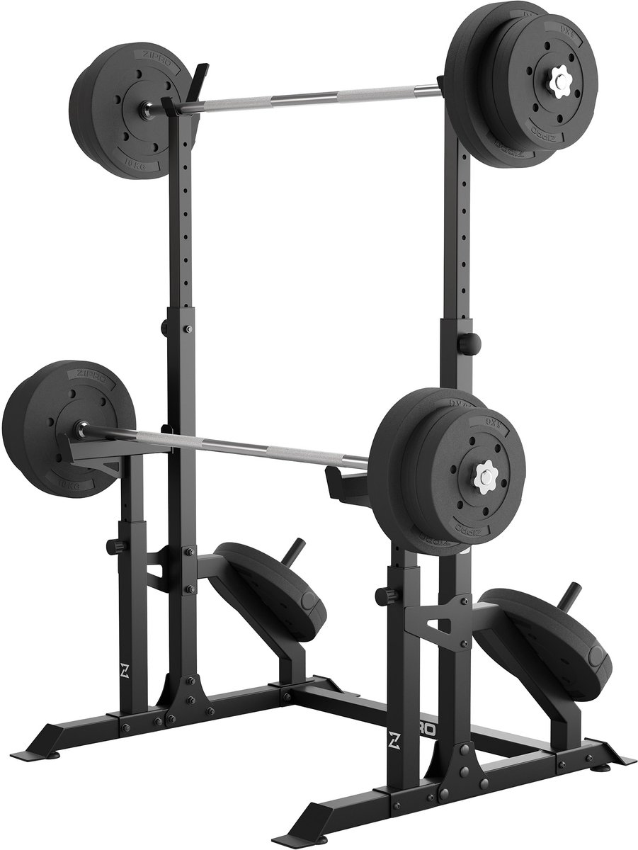 Zipro® LIFT Halterstandaard met bescherming en ruimte voor ladingen - Verstelbare halterrek - Power rack - Haltersteunen - Geschikt voor Krachttraining, Fitness, CrossFit & Functional Training - Duurzaam en Comfortabel