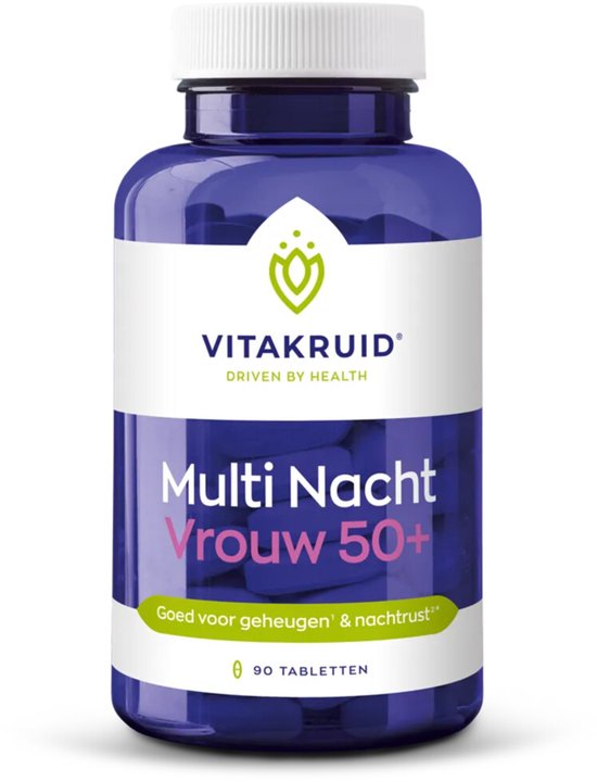 Donkerblauwe pot met witte dop. Label met 'VITAKRUID Multi Nacht Vrouw 50+' in paarse en witte letters.