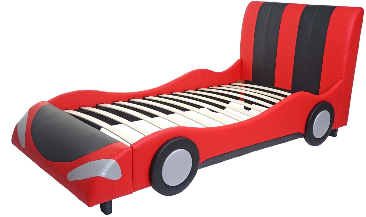 Bed MCW-E14, auto Jongensbed Jeugdbed, lattenbodem Kunstleer Hout 190x100cm ~ zwart-rood