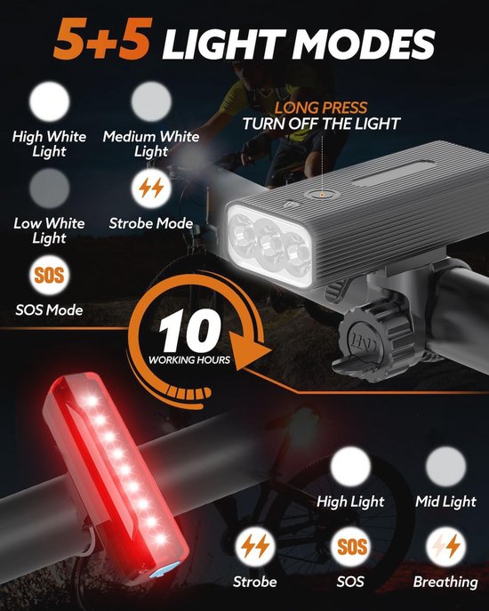 Fietsverlichting Set 3000 Lumen Oplaadbaar IPX5 Waterdicht - 5 Modi voor Veilig Fietsen — afbeelding 3