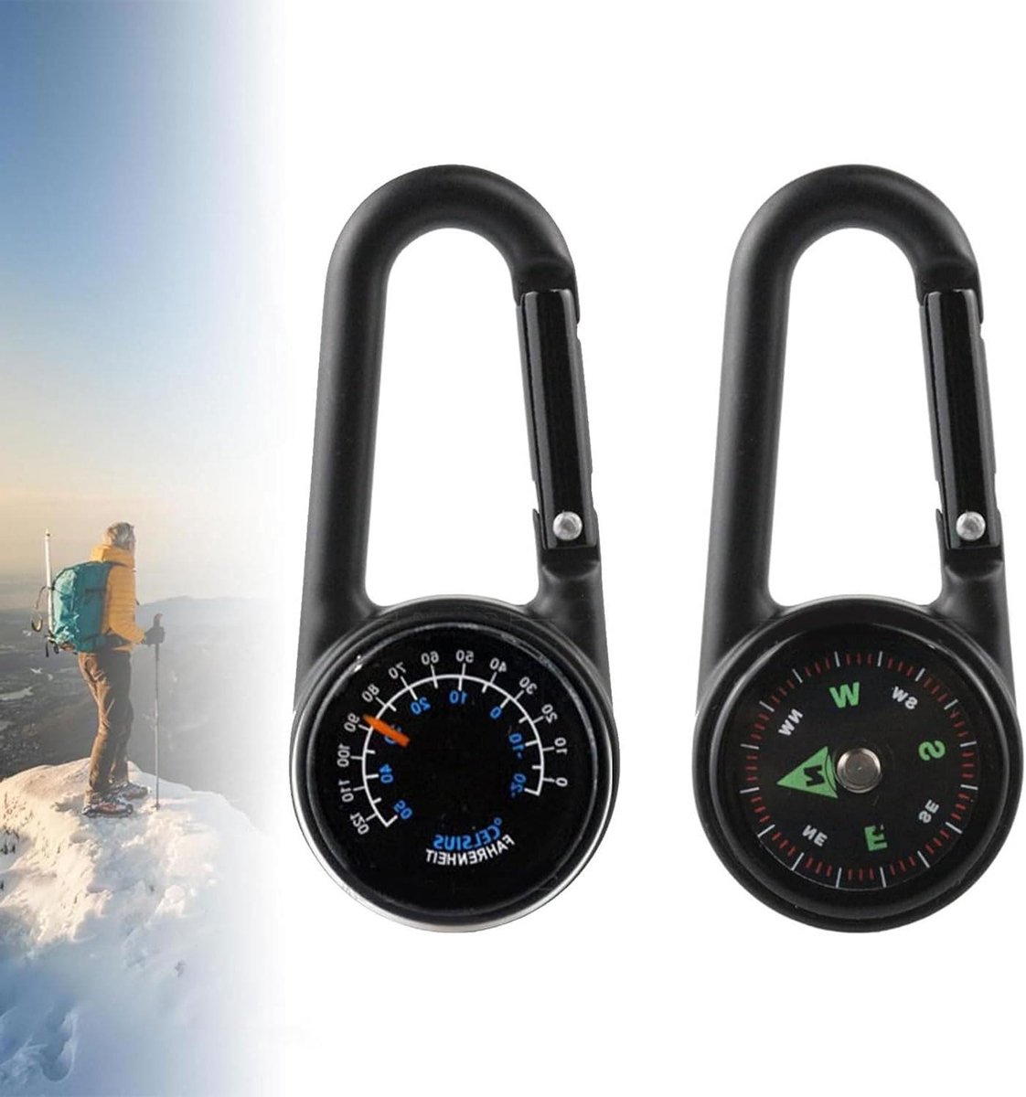Allecto Plus - Multifunctioneel Kompas met Karabijnhaak en Thermometer voor Outdoor Navigatie – Ideaal voor Wandelen en Kamperen