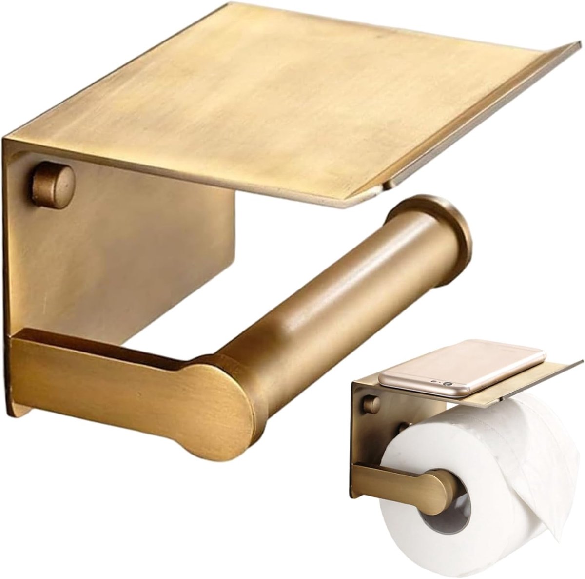 Toiletrolhouder, toiletrolhouder, vintage gouden wandmontage, ruimte aluminium papier met plank voor telefoon, etherische olie, veeg voor badkamer