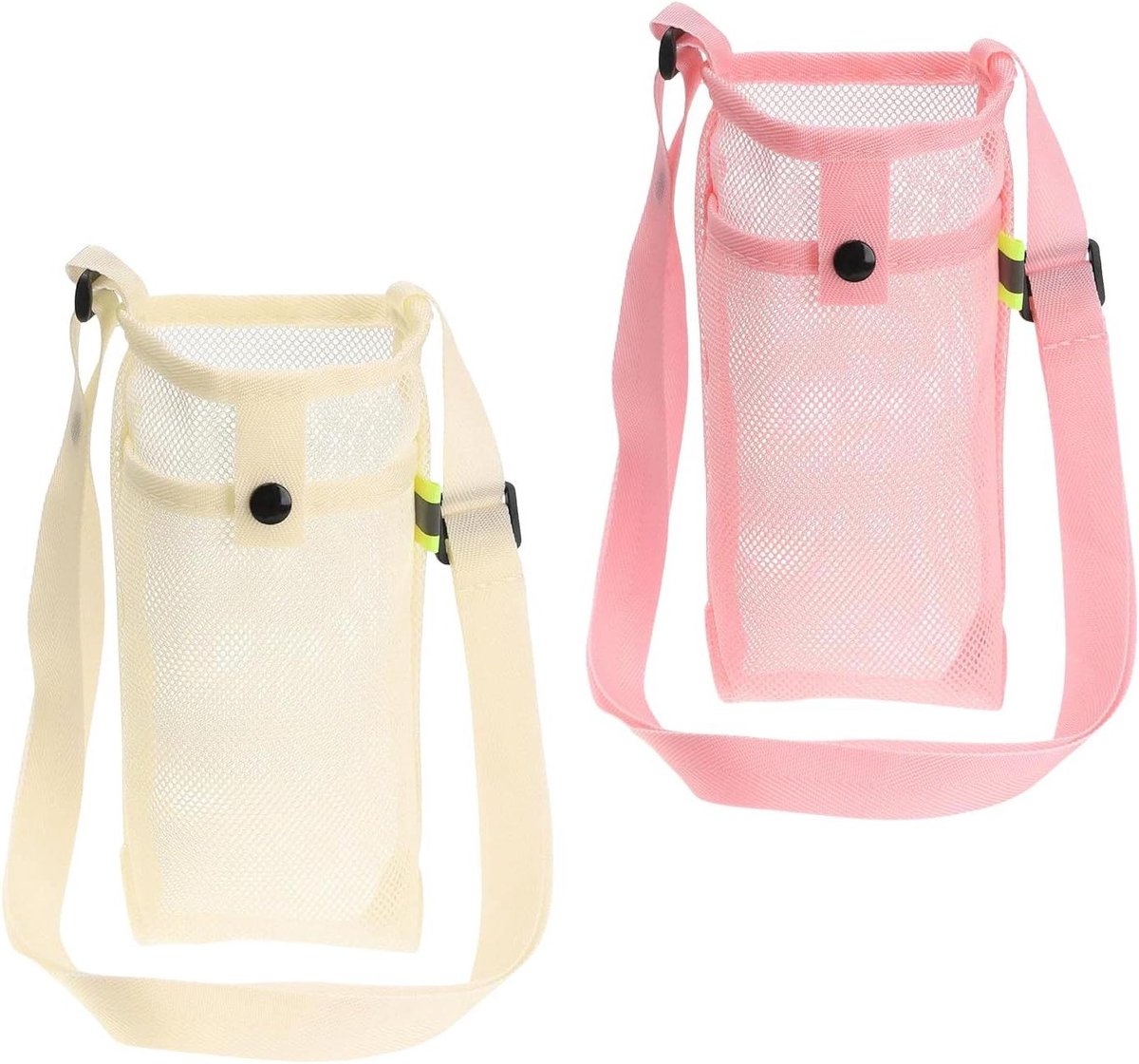 Allecto Plus - Mesh waterfleshouders 2 stuks, beige en roze, verstelbare handvrije flessenhouder met lus - handig en praktisch ontwerp.