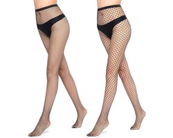 Allecto Plus - Zwarte netpanty's voor vrouwen | 2-pack | Visnetkousen | Hoge taille | Dijhoge kousen