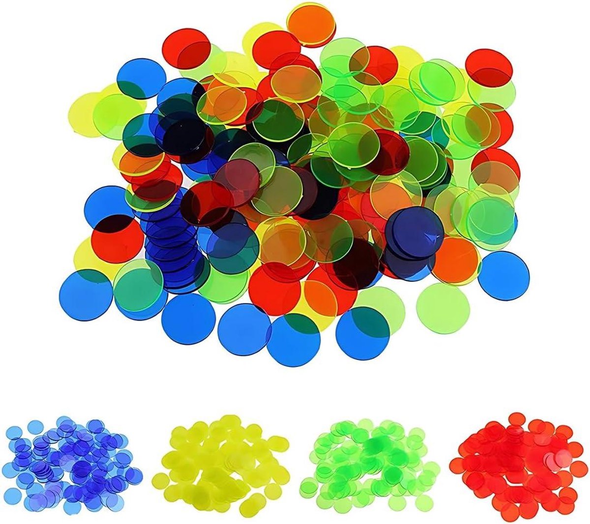 Allecto Plus - 200 stuks kleurrijke bingotellers van kunststof voor wiskundig speelgoed met opbergdoos - Transparant - Speelmarkeringen - Chips tellen.