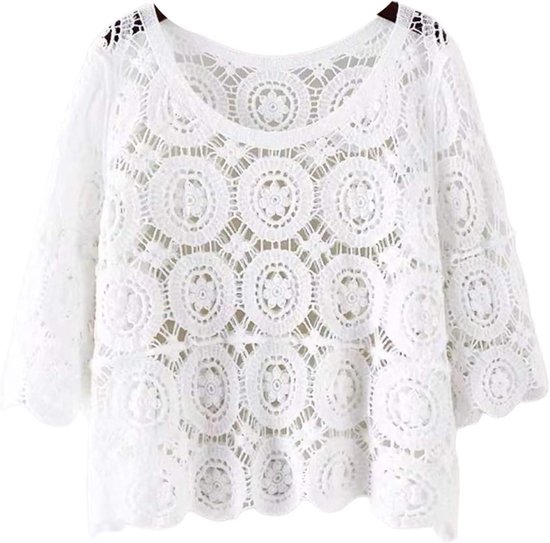Allecto Plus - Zomer Dames 3/4 Mouw Gehaakt T-Shirt | Boho Hippie | Hollow Out | Bloemen Patroon | Trui Top | Strand Blouse Cover Up | Wit One Size