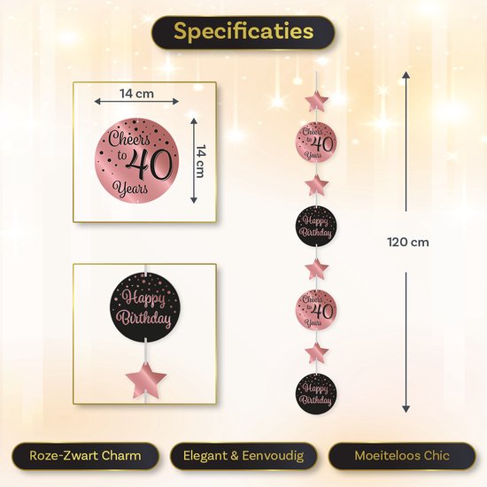 Specificaties van roze-zwarte 40-jaarversieringen: 14cm cirkels, 120cm lengte.