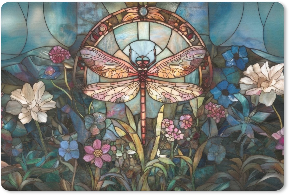 Muismat 27x18 cm - Mousepad Libelle - Mozaïek - Bloemen - Kleurrijk - Muismatten