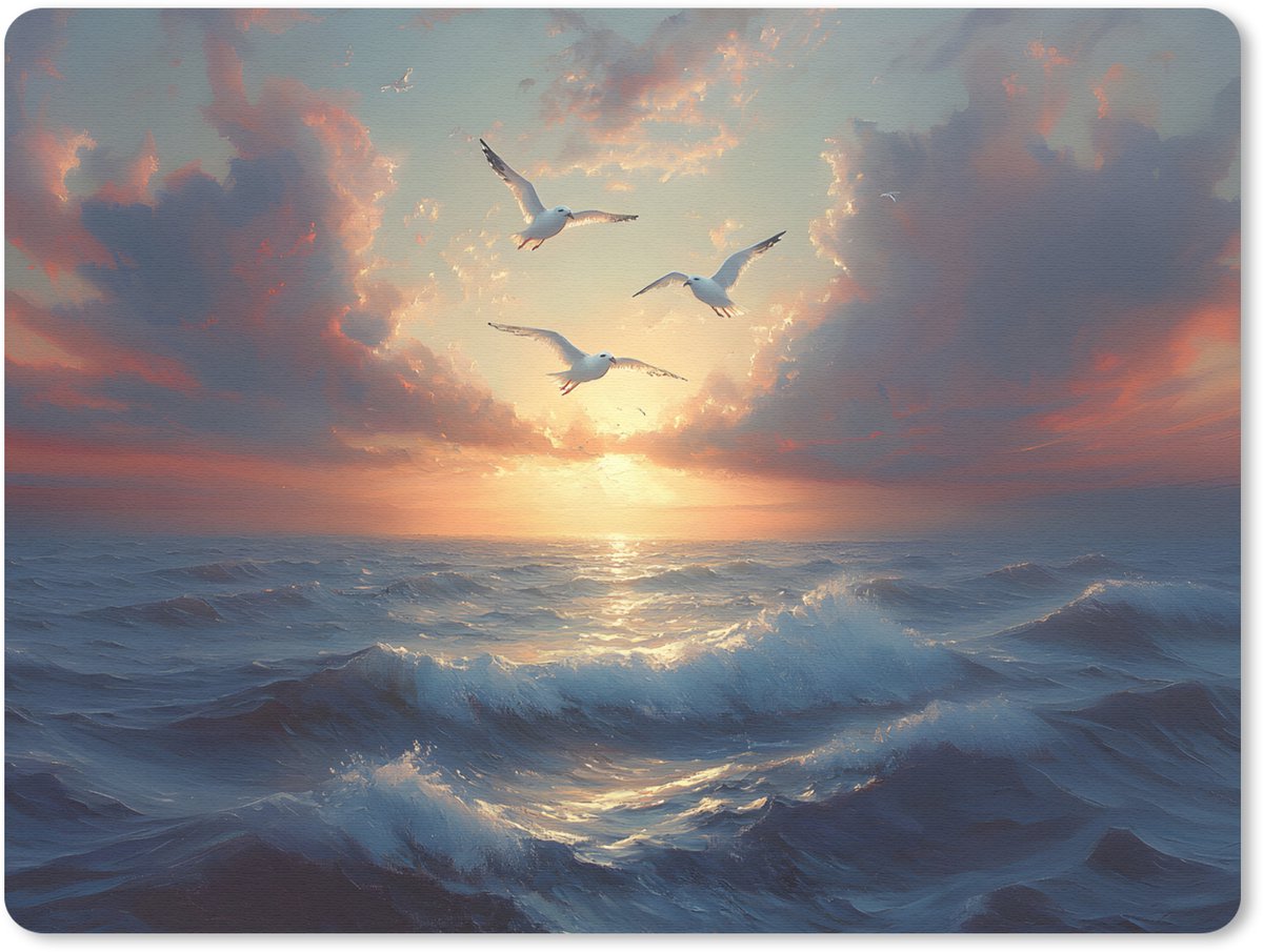 Muismat 23x19 cm - Mousepad Meeuwen - Zonsondergang - Zee - Wolken - Muismatten