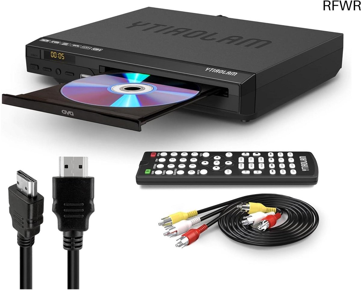 RFWR® HDMI DVD Speler voor TV | Mini DVD Speler met 1080p Upscaling, Regiovrij, USB en MP3 | Inclusief HDMI Kabel en Afstandsbediening