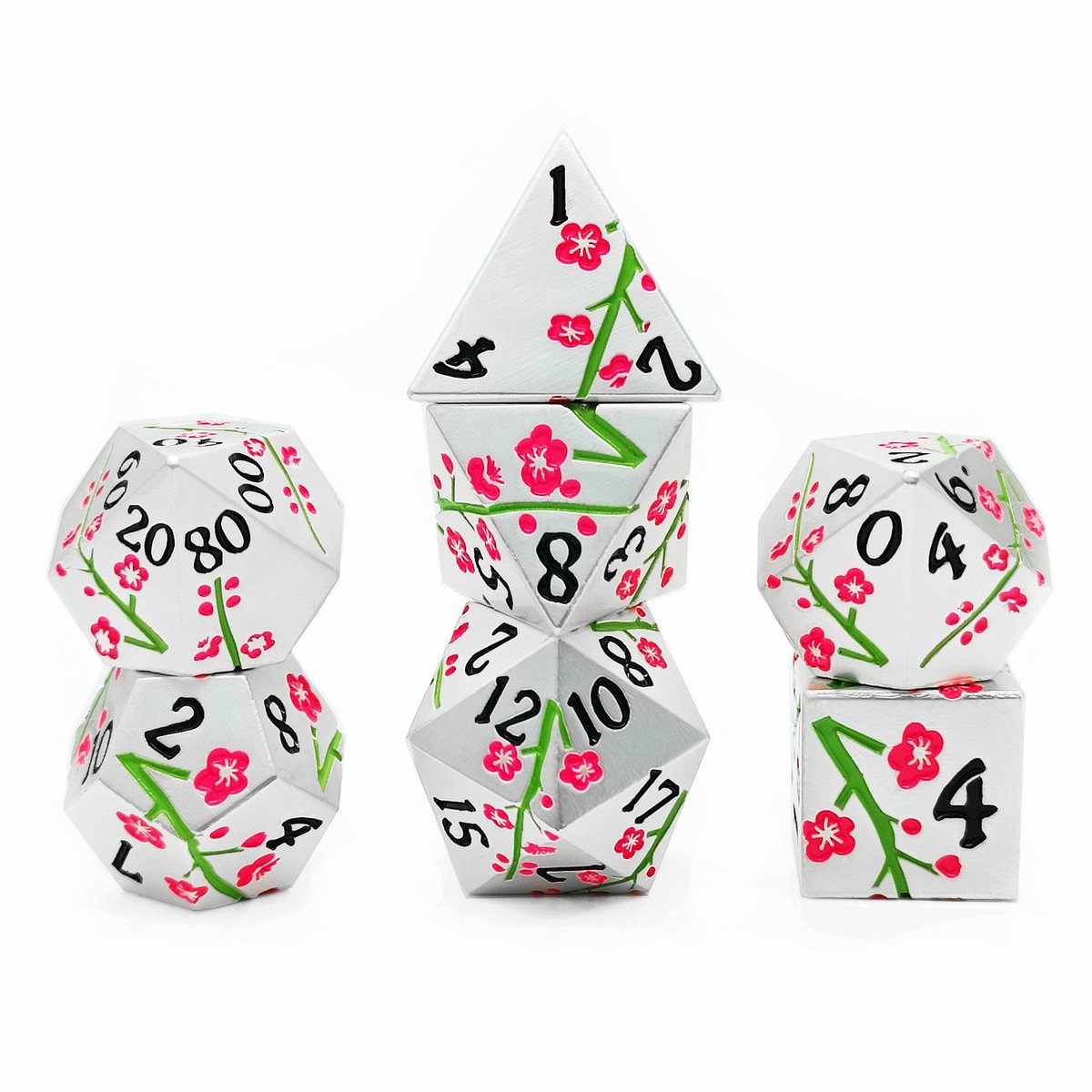 Joya Dice® Polydice Dobbelsteen set geschikt voor rollenspellen zoals Dungeons and Dragons D&D DnD | Dobbelstenen Set | Dice set | Metal dice 7 stuks set | Incl Luxe Opbergdoos | Metalen Dobbelstenen Zilver met Sakura Bloesem
