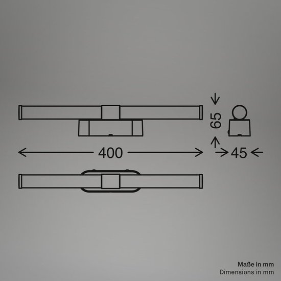 Maatschets van de 40 cm brede badkamerlamp met afmetingen in mm.