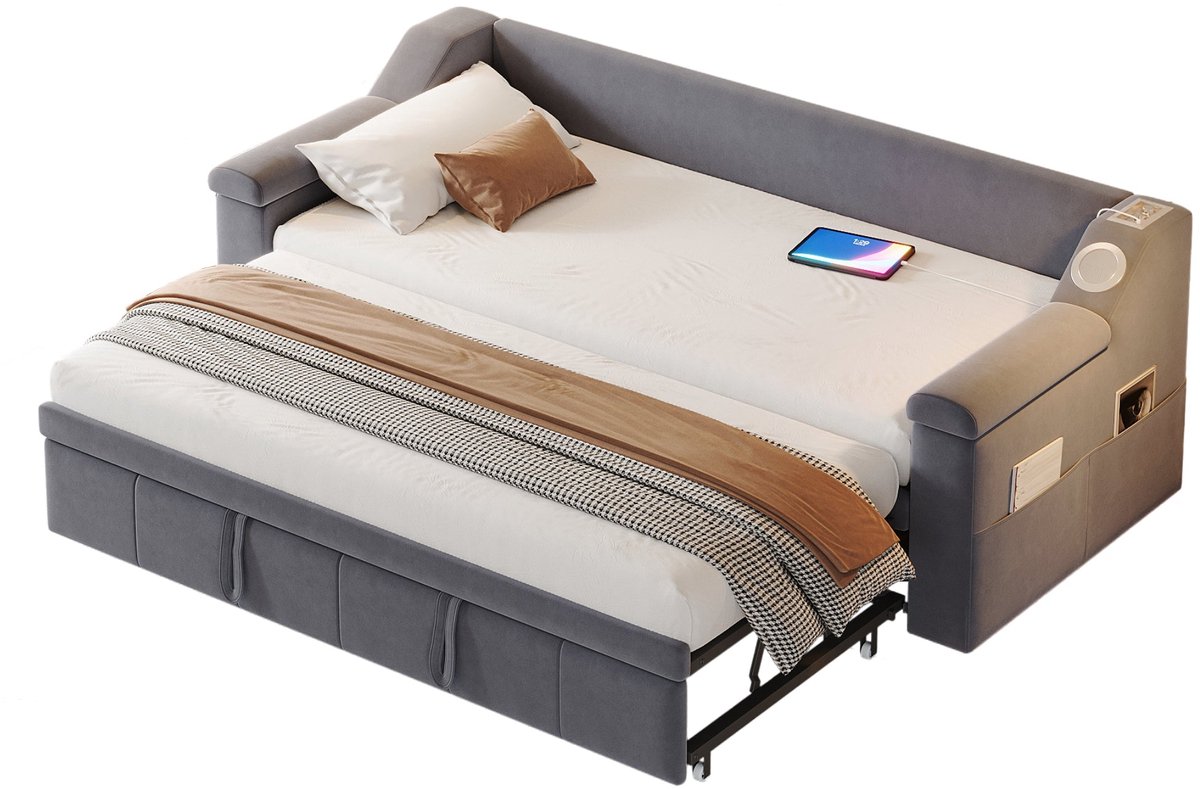 Merax Fluwelen Slaapbank 90 tot 180x190 cm – Bedbank met USB en Bluetooth – Grijs