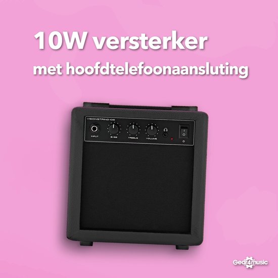 Zwarte 10W versterker met input, bass, treble, volume knoppen, hoofdtelefoonaansluiting en aan/uit schakelaar.