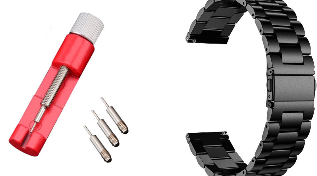 Strap-it Stalen schakel band + Toolkit - geschikt voor Huawei Watch GT / GT 2 / GT 3 / GT 3 Pro / GT 4 46mm / GT 5 & 5 Pro (46mm) / GT 2 Pro / GT Runner / Watch 3 (Pro) / Watch 4 (Pro) / Watch Ultimate - zwart
