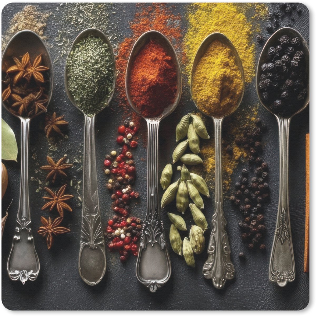 Muismat 30x30 cm - Mousepad Lepels - Specerijen - Kaneel - Chili - Muismatten