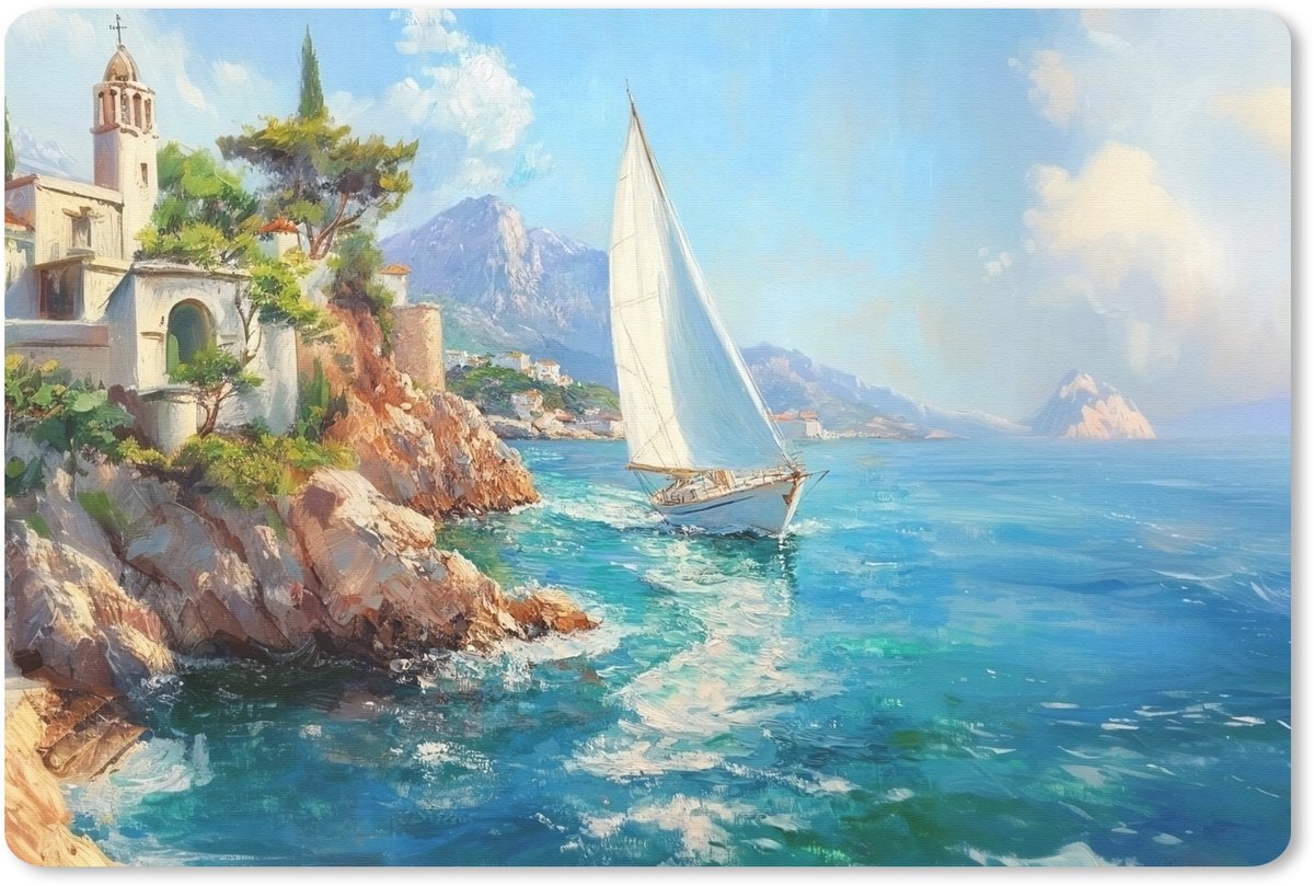 Muismat 27x18 cm - Mousepad Zeilboot - Rotsen - Kust - Huizen - Muismatten