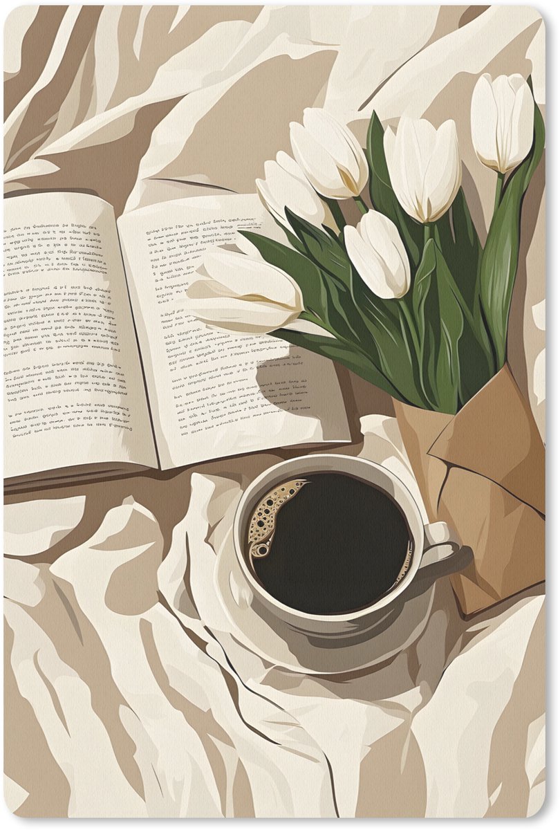 Muismat 18x27 cm - Mousepad Boek - Illustratie - Tulpen - Koffie - Muismatten
