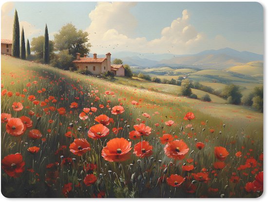 Muismat 23x19 cm - Mousepad Klaprozen - Rood - Heuvels - Landschap - Muismatten