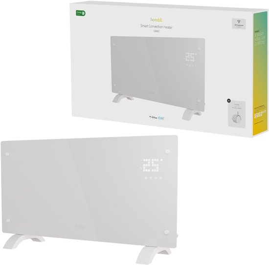 Witte glazen convectorverwarming met digitaal display, deels in de verpakking.