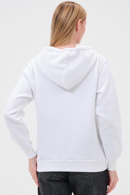 Achterkant van een witte dames hoodie met rits en capuchon.