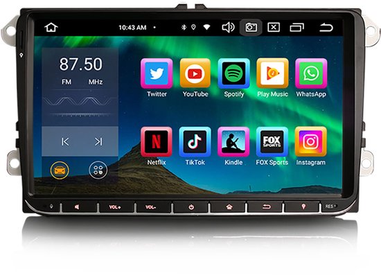 Touchscreen autoradio met radiofrequentie en apps zoals Twitter, YouTube, Spotify, Netflix.