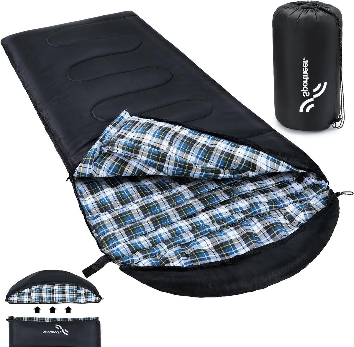 Flanellen slaapzak met afneembare capuchon - 220 x 85 cm - compact en warm - 3-4 seizoenen - voor koud weer - outdoor winter camping