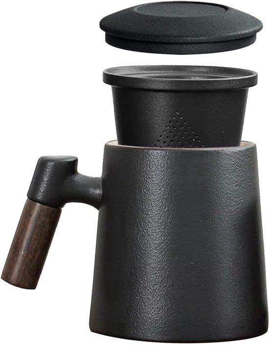 Thee-ei Mok Met Deksel En Theezeef, 400 Ml Gradiënt Grote Theekop Met Infuser Zwart Mat Keramisch Steil Theekopje Met Houten Handvat Voor Kantoor En Thuisgebruik Geschenken Warm Ijswater Sapdrank