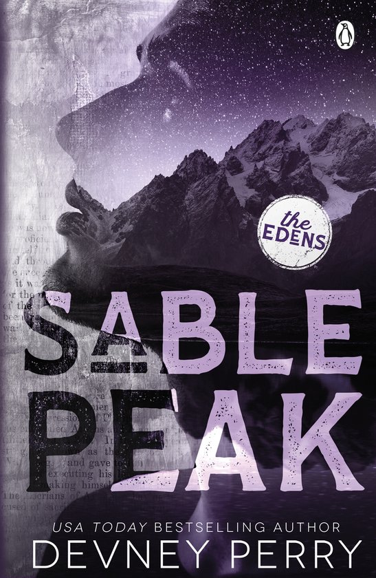 Couverture du livre : 'Sable Peak' avec le titre en gros caractères au premier plan et un paysage de montagne en arrière-plan. Le titre est en violet et blanc.