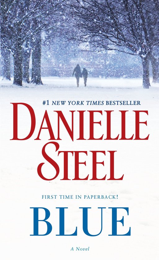 Boekhoes met de titel "BLUE" van Danielle Steel. Twee figuren lopen door besneeuwde bomen.