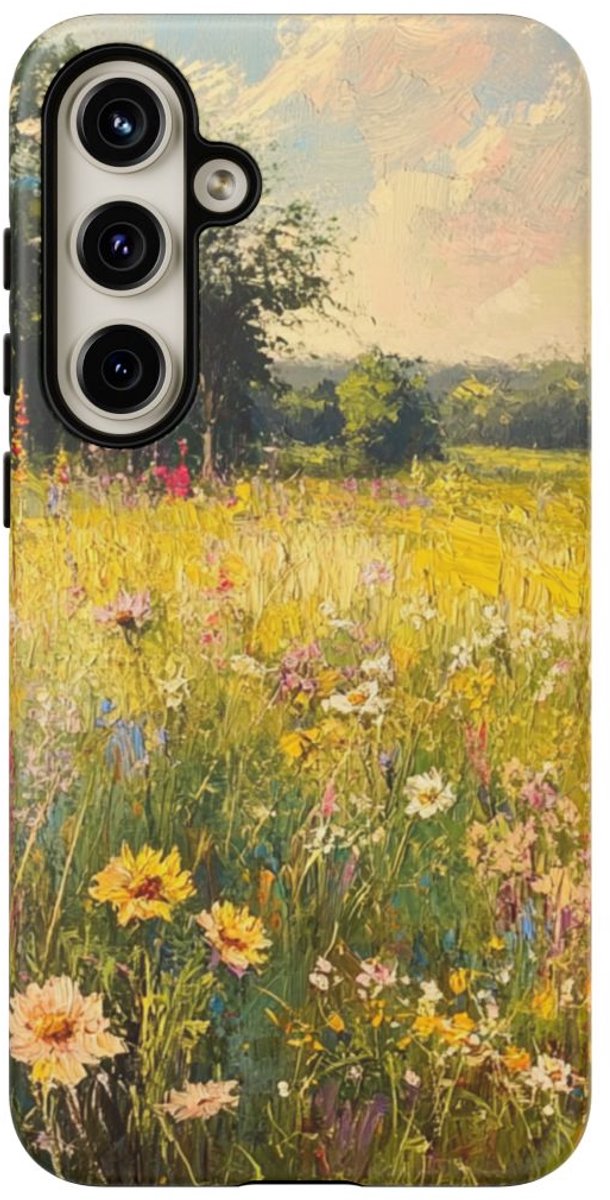Zonnige Bloemenweide Schildering – Telefoonhoesje Geschikt voor Galaxy S24 Plus