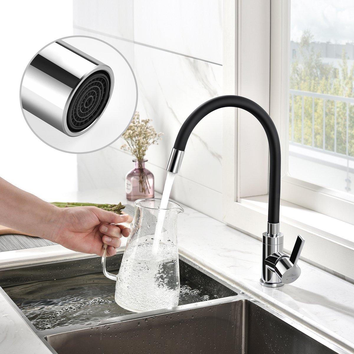 Auralum max Keukenkraan Met Flexibele Uitloop - Keukenkraan 360° Draaibaar - Keukenmengkraan Met Waterbesparende Perlator - Zwart