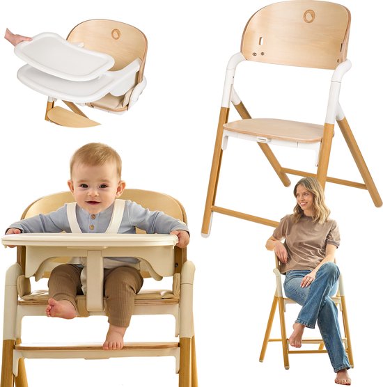 Chaise haute en bois Lionelo Celia 3 en 1 – De Bébé à adulte – Siège et repose-pieds réglables – Harnais 5 points – Revêtement en Eco– Comprend BabySet et plateau – Capacité de charge jusqu'à 90 kg