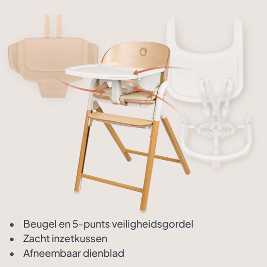 Chaise haute en bois Lionelo Celia 3 en 1 – De Bébé à adulte – Siège et repose-pieds réglables – Harnais 5 points – Revêtement en Eco– Comprend BabySet et plateau – Capacité de charge jusqu'à 90 kg