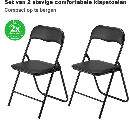 BARDI Set van 2 - Klapstoel - Vouwstoel - Opvouwbare Stoel - Comfortabel & Lichtgewicht - 100kg draagkracht - 43 x 38 x 87 cm - PVC - Eettafelstoel - Zwart